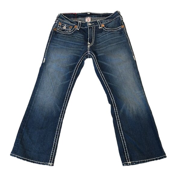 True Religion Billy Super T Jeans 34 x 28.5 Inseam Big White Stitch Blue NICE - Picture 2 of 13